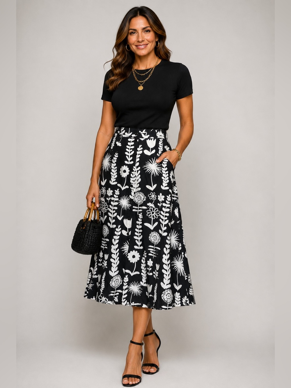 Mondi Black White Floral Midi Skirt A-Line Button Front Botanical Print Size S